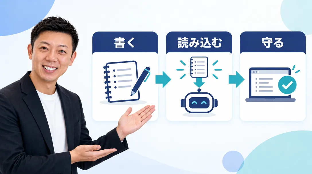 CLAUDE.mdに書いた決まりが、会話の始まりに読み込まれ、AIの作業に生きる流れの図