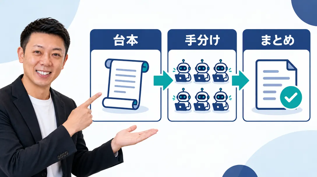 1本の台本から、たくさんのAIが手分けして作業し、確かめてから1つの答えにまとめる流れの図