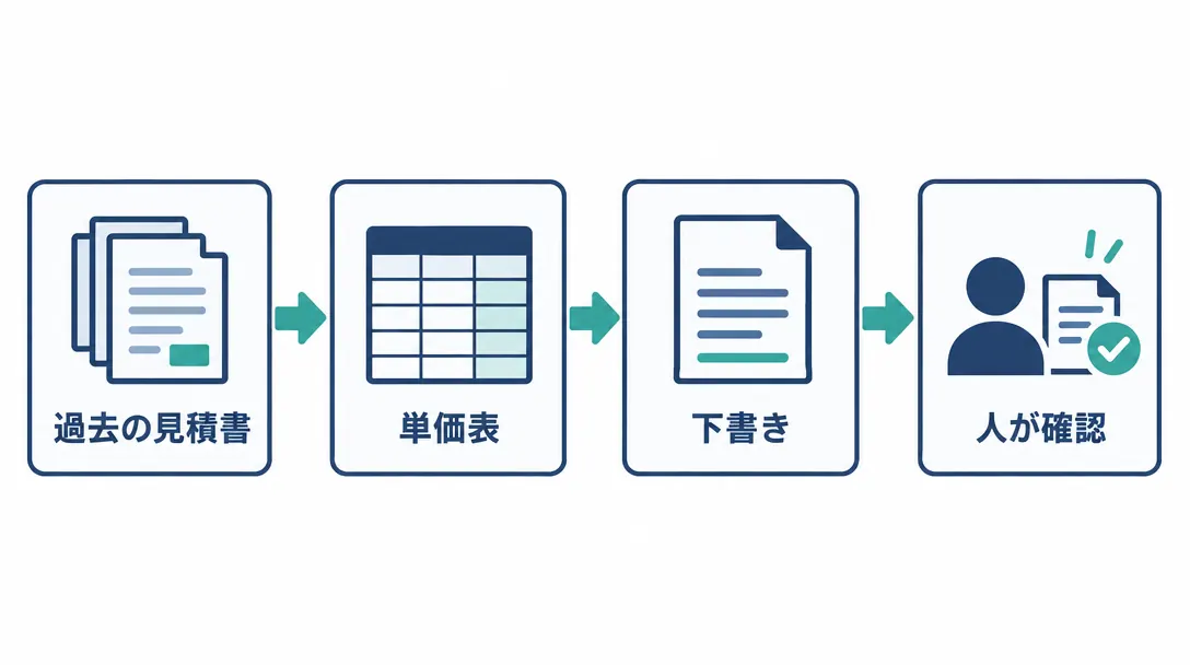 過去の見積書から単価表を作り、下書きを作って人が確認する流れの図