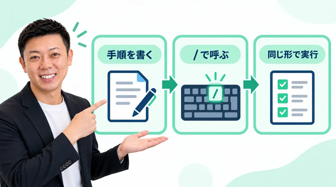 手順を SKILL.md に書き、/名前 で呼び出して、決まった形で作業してもらう流れの図