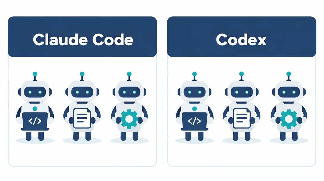 Claude CodeとCodexのそれぞれで、3体のサブエージェントが仕事を分担する様子を並べた図